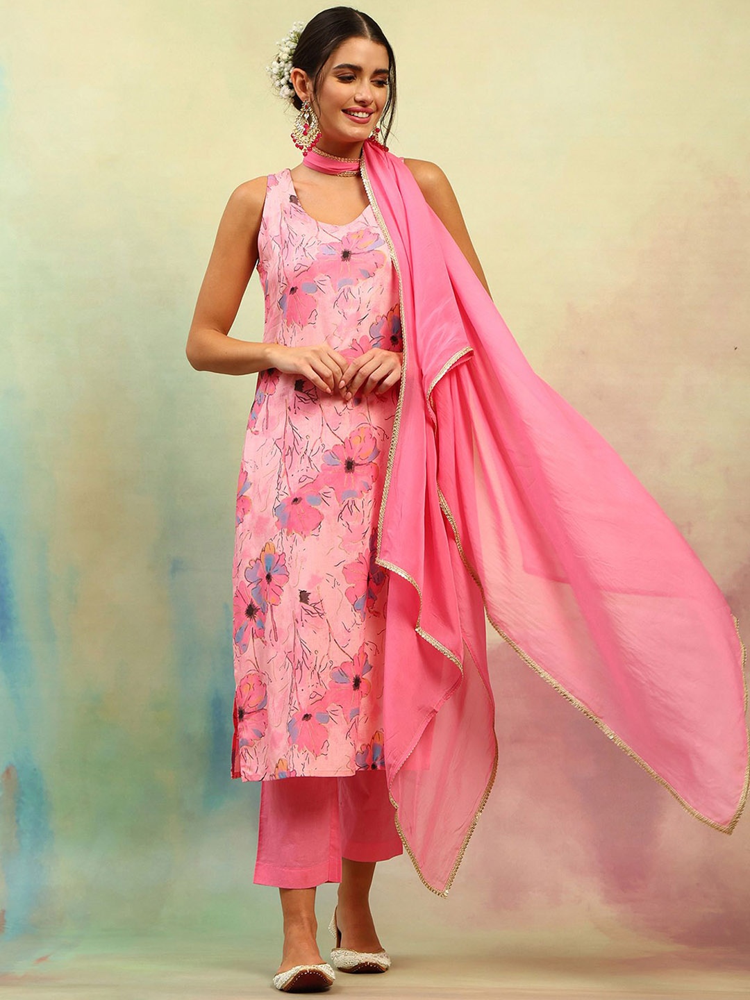 

Khushal K Floral Printed Regular Straight Kurta with Palazzos & Dupatta, Pink