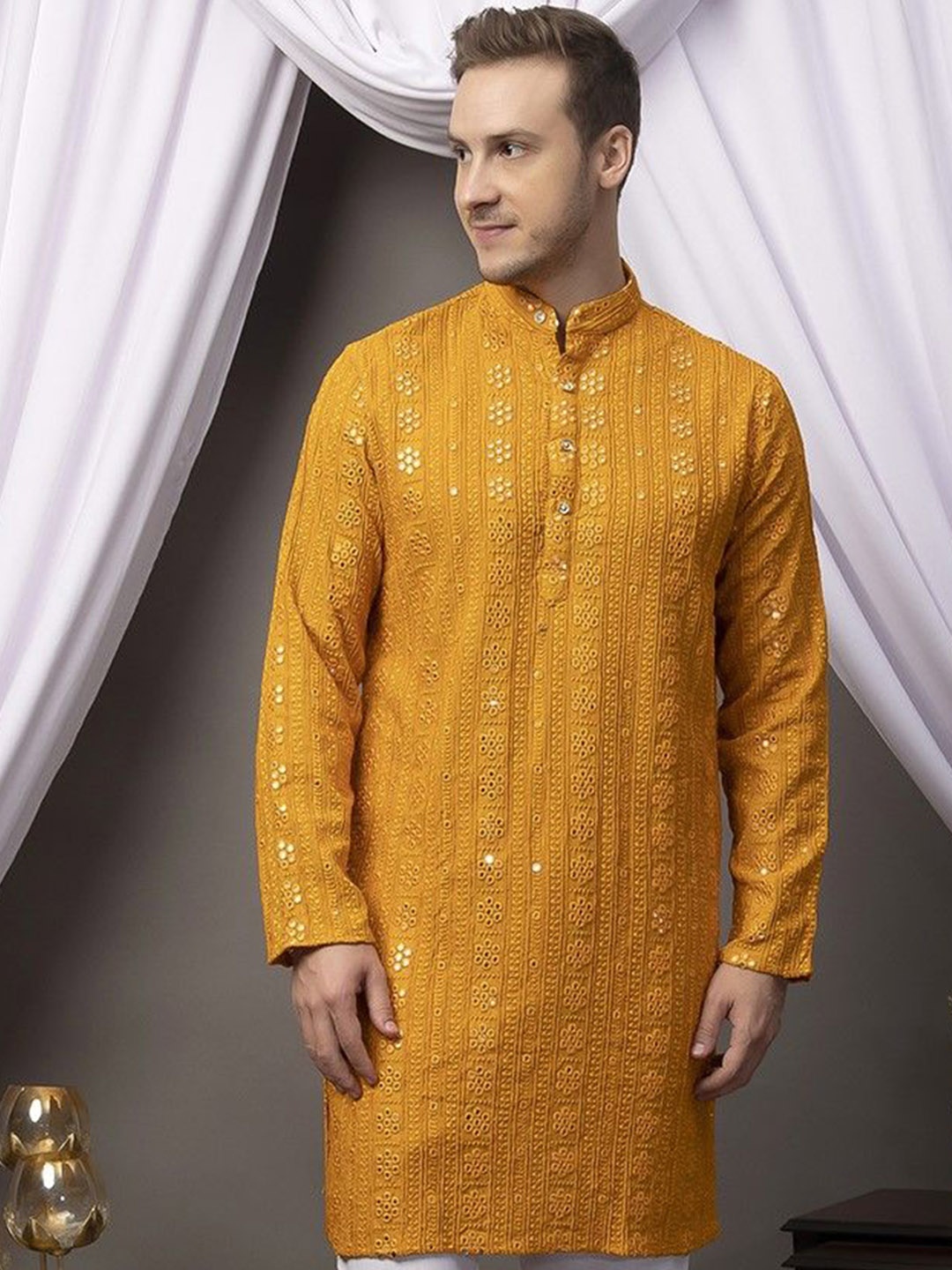 

Hangup Floral Embroidered Band Collar Mirror Work Straight Kurta, Mustard