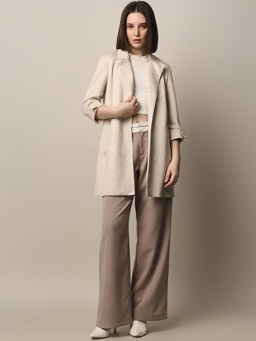 

ONLY Women Solid Longline Open Front Jacket, Beige