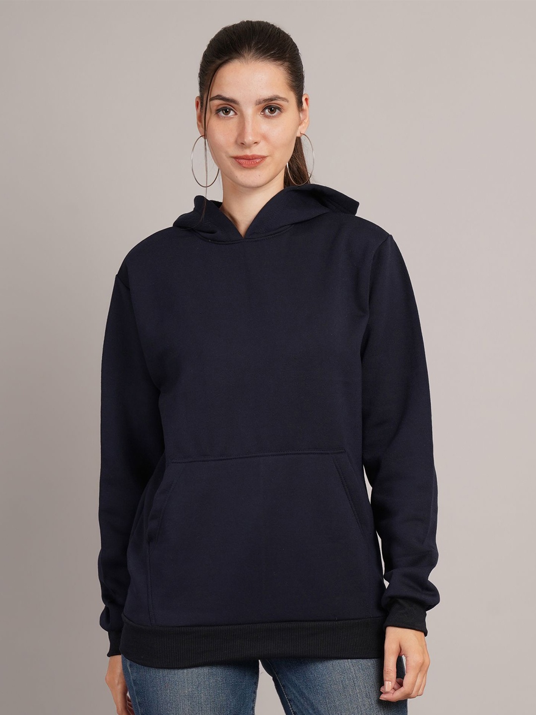 

Kushi Flyer Women Solid Hooded Pullover Ribbed Sweatshirt, Navy blue