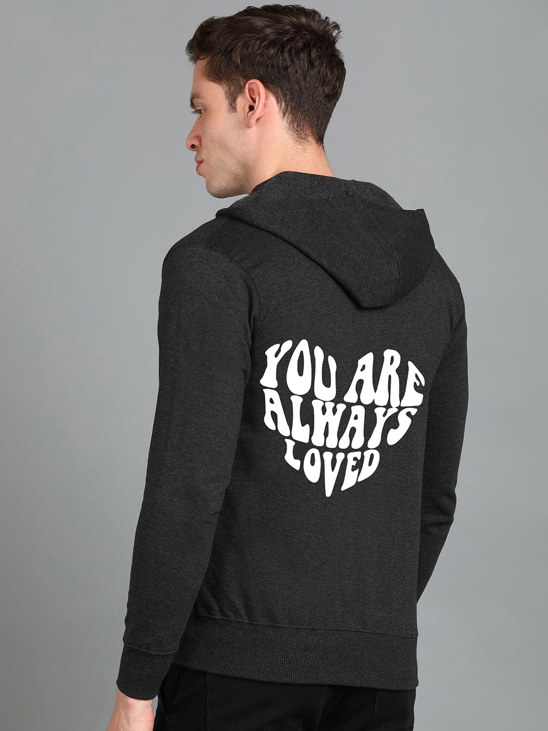 

FALTU.CO Men Printed Zip Detail Hooded Cotton Sweatshirt, Charcoal