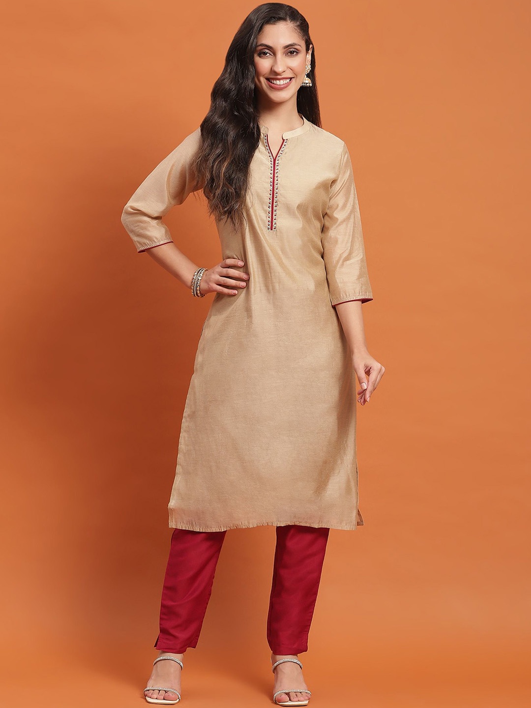 

Shree Chanderi Silk Straight Kurta with Trousers, Beige