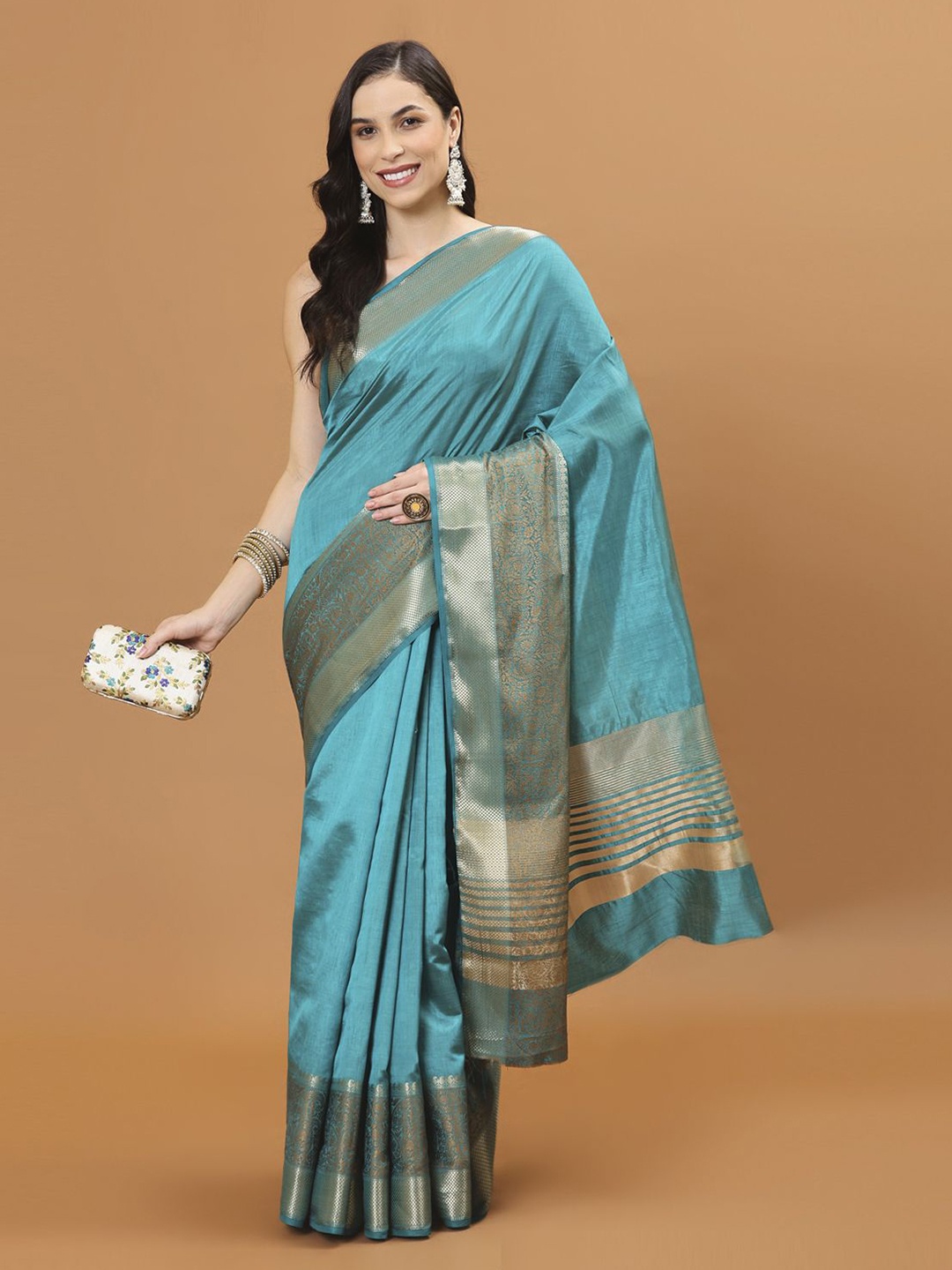 

Meena Bazaar Solid Zari Saree with Blouse Piece, Blue