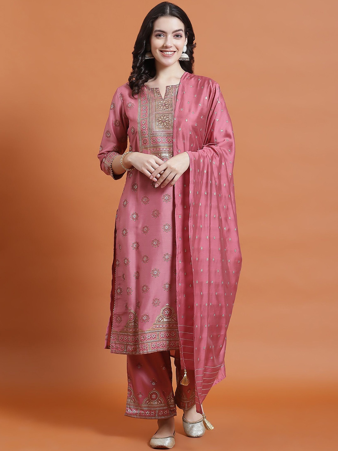 

Shree Floral Printed Notch Neck Straight Kurta With Palazzos & Dupatta, Pink