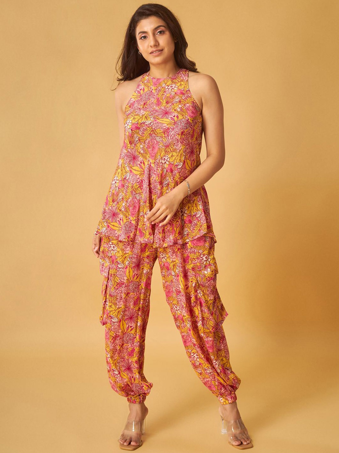 

Maisolos Floral Printed Halter Neck Pure Cotton Sleeveless Top With Trousers, Pink