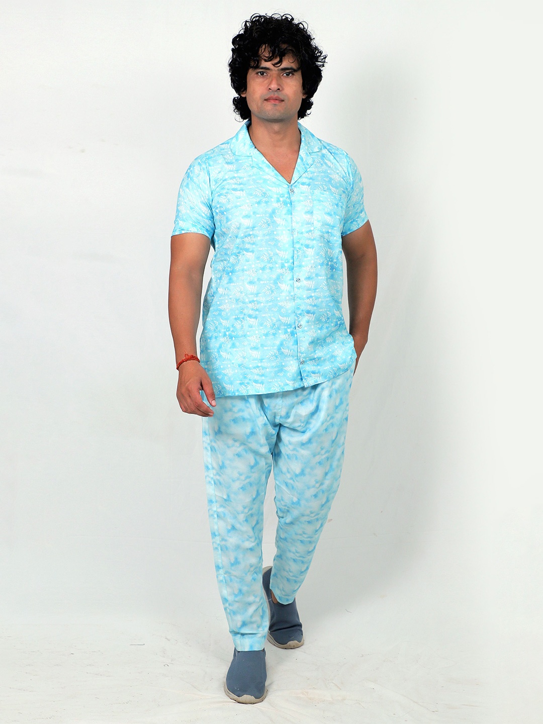 

TILISM Floral Printed Shirt Collar Short Sleeves Shirt with Pyjamas, Blue