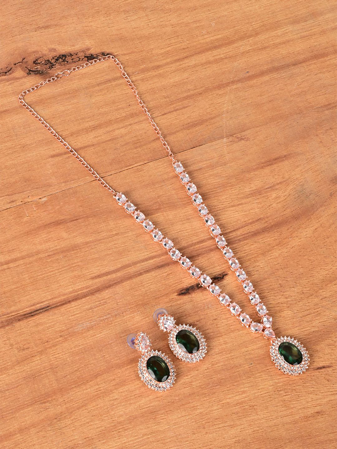 

Keviv Rose Gold Plated American Diamond Studded Necklace With Earrings, Green