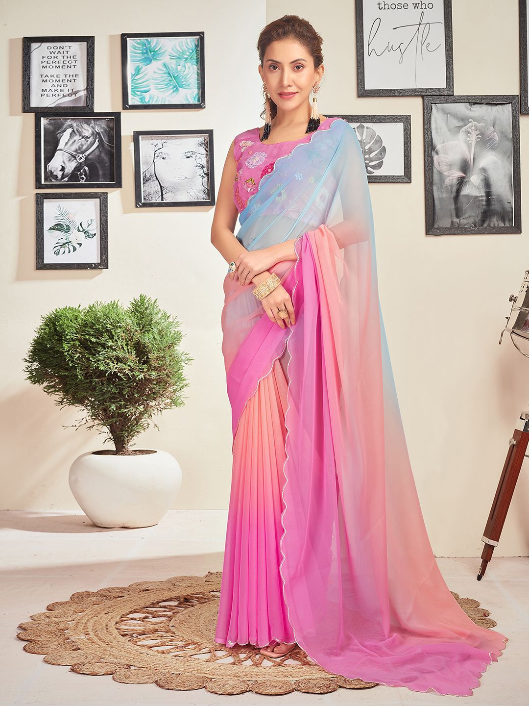 

all about you Ombre Pure Georgette Saree, Blue