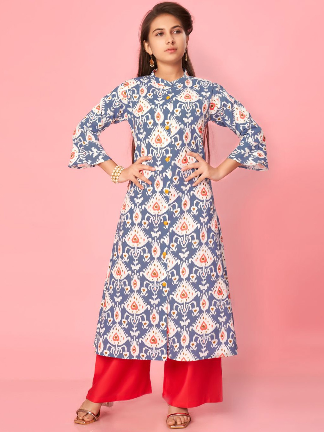 

BAESD Girls Ethnic Motifs Printed Cotton A-Line Kurta, Blue
