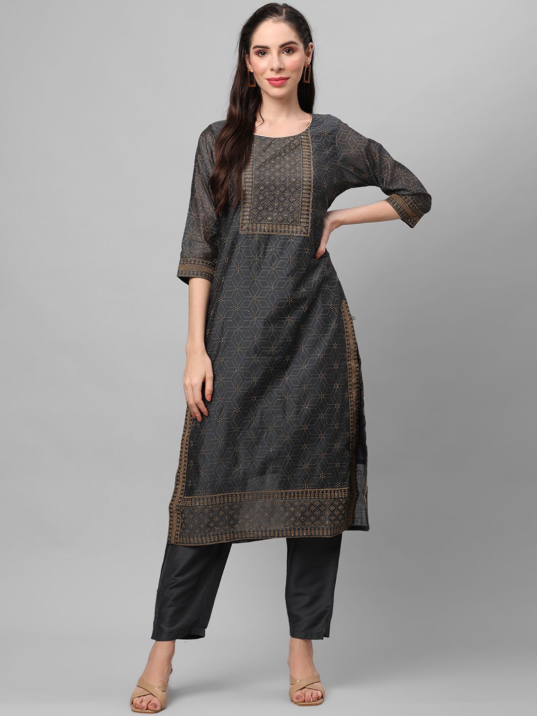 

Shree Ethnic Motifs Printed Chanderi Silk Straight Kurta with Trousers, Charcoal