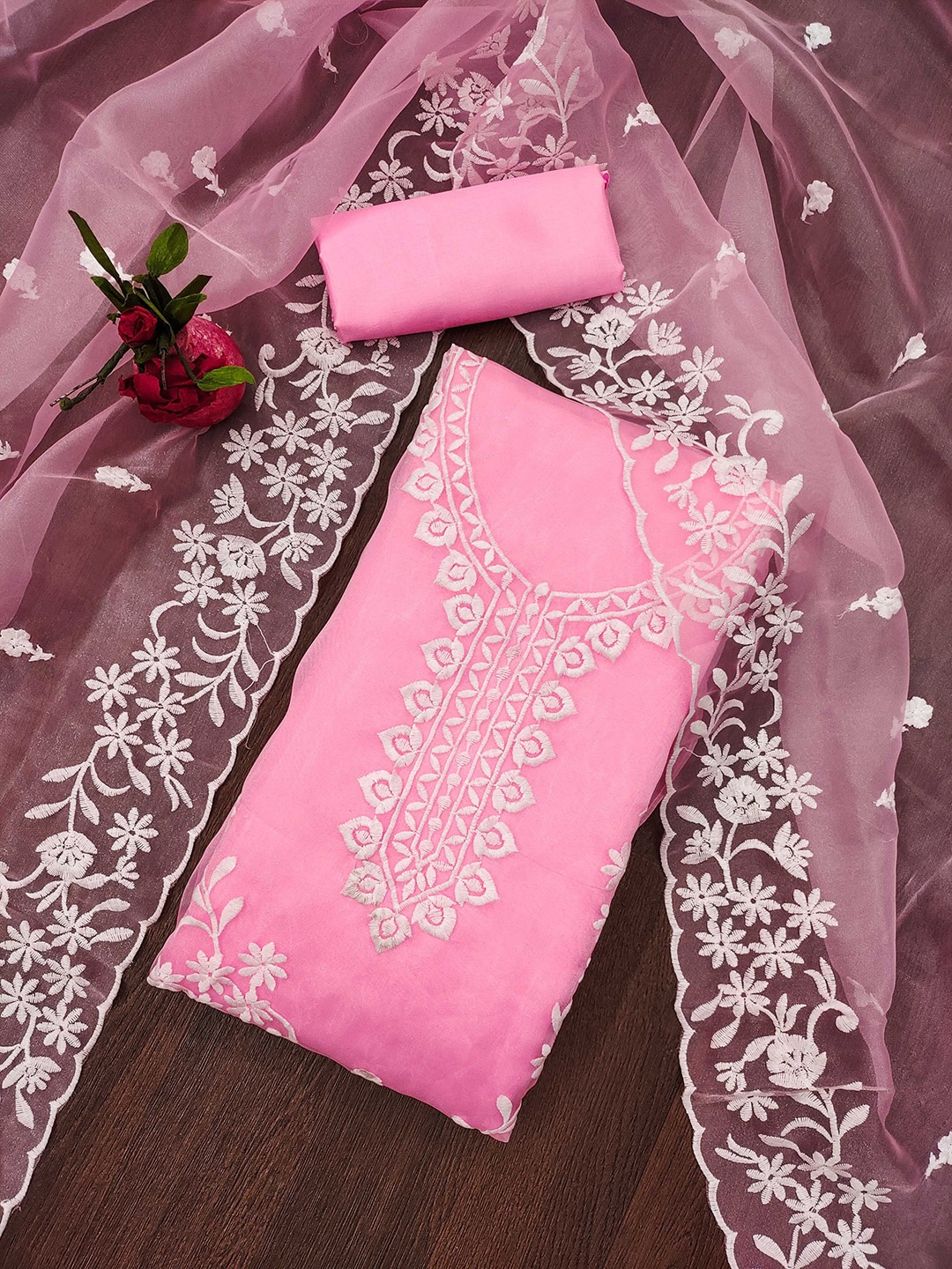 

Ishin Ethnic Motifs Embroidered Sequinned Organza Unstitched Dress Material, Pink