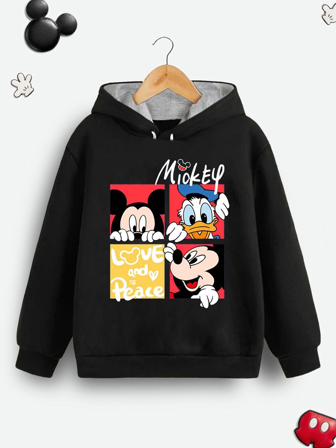 

YK Disney Boys Mickey & Donald Graphic Printed Hooded Cotton Sweatshirt, Black