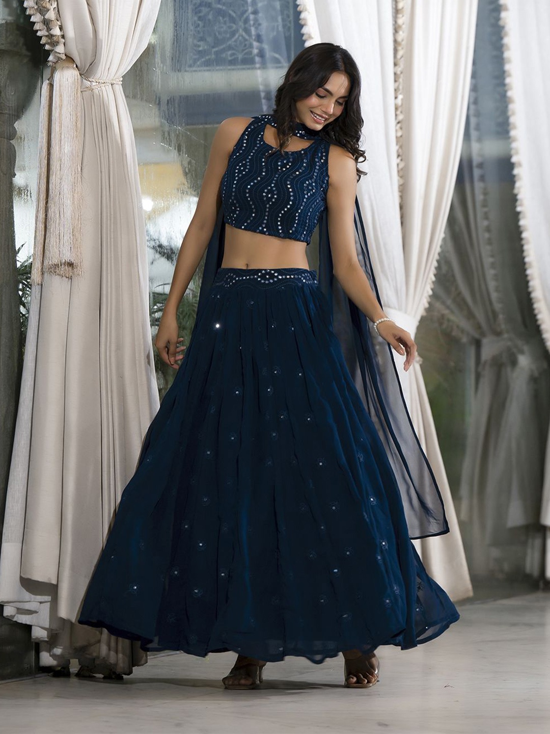 

AKS Couture Embroidered Mirror Work Ready to Wear Lehenga & Blouse With Dupatta, Blue