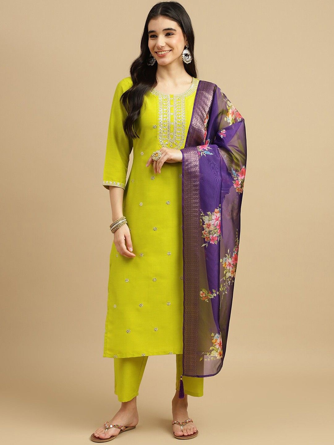 

KALINI Women Floral Embroidered Regular Sequinned Silk Chiffon Kurta with Trousers & With Dupatta, Lime green