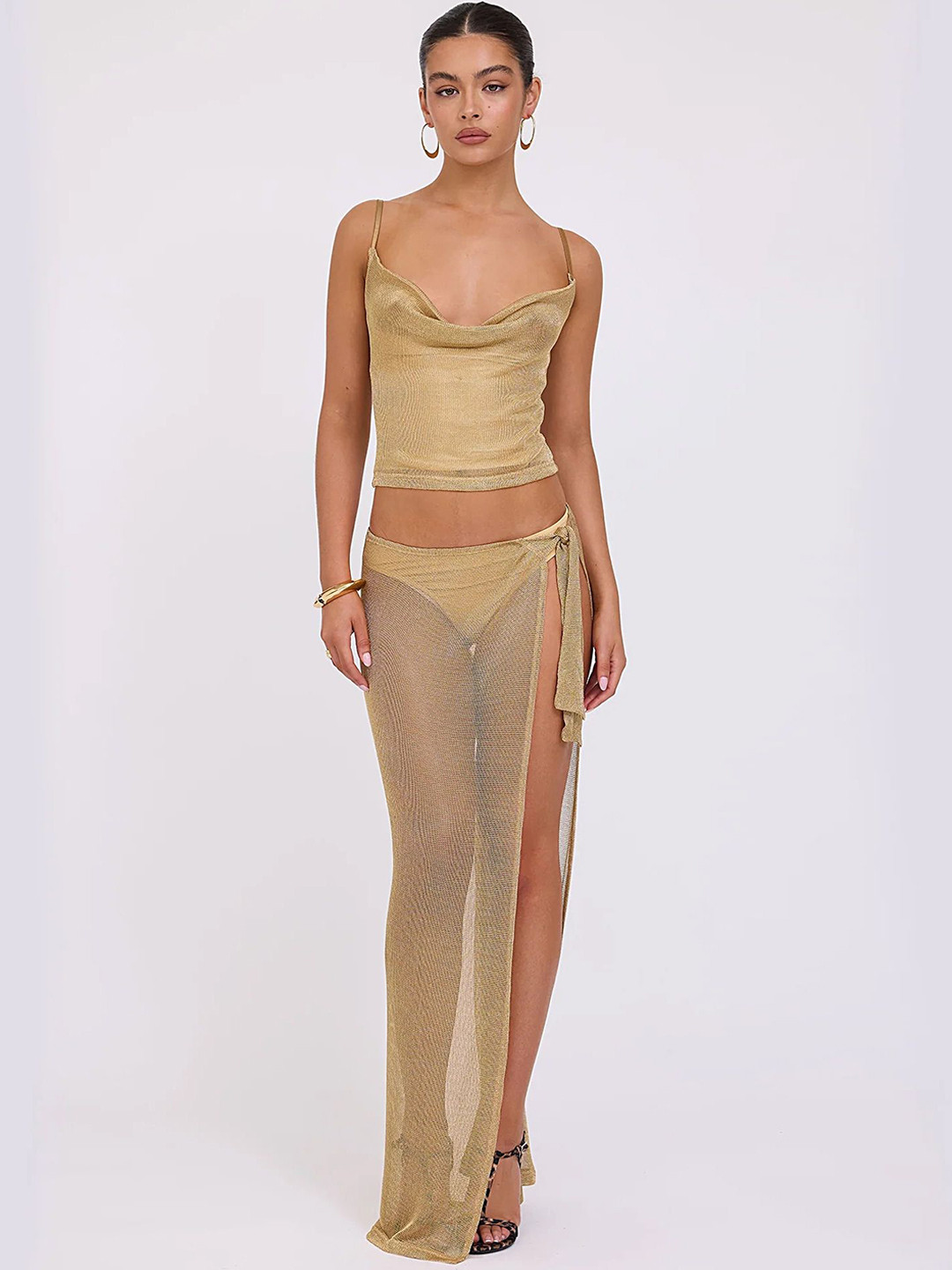 

LULU & SKY Shoulder Straps Sleeveless Crop Top & Sheer Skirt, Gold