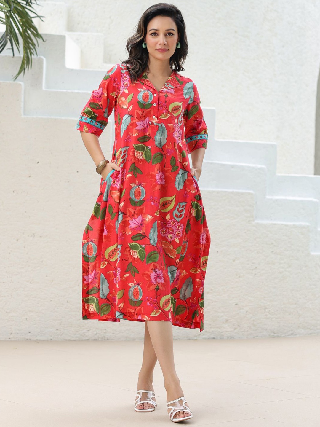 

Rain & Rainbow Pure Cotton A-line Midi Ethnic Dresses, Red