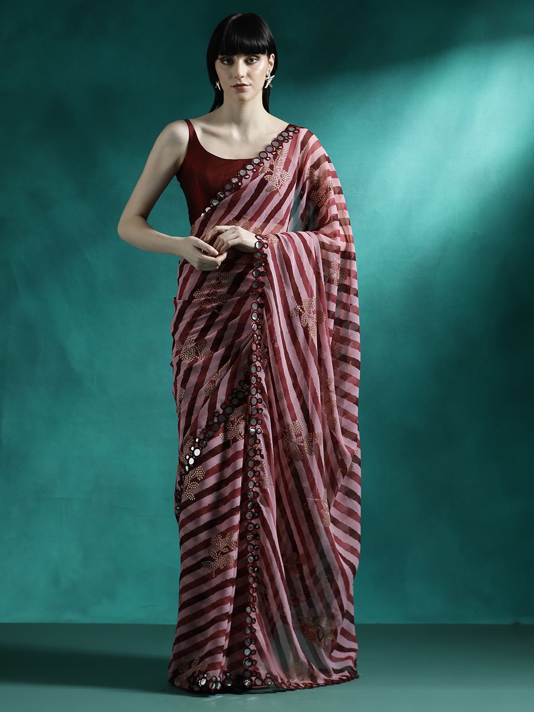 

Sangria Leheriya Striped Mirror Work Saree, Maroon