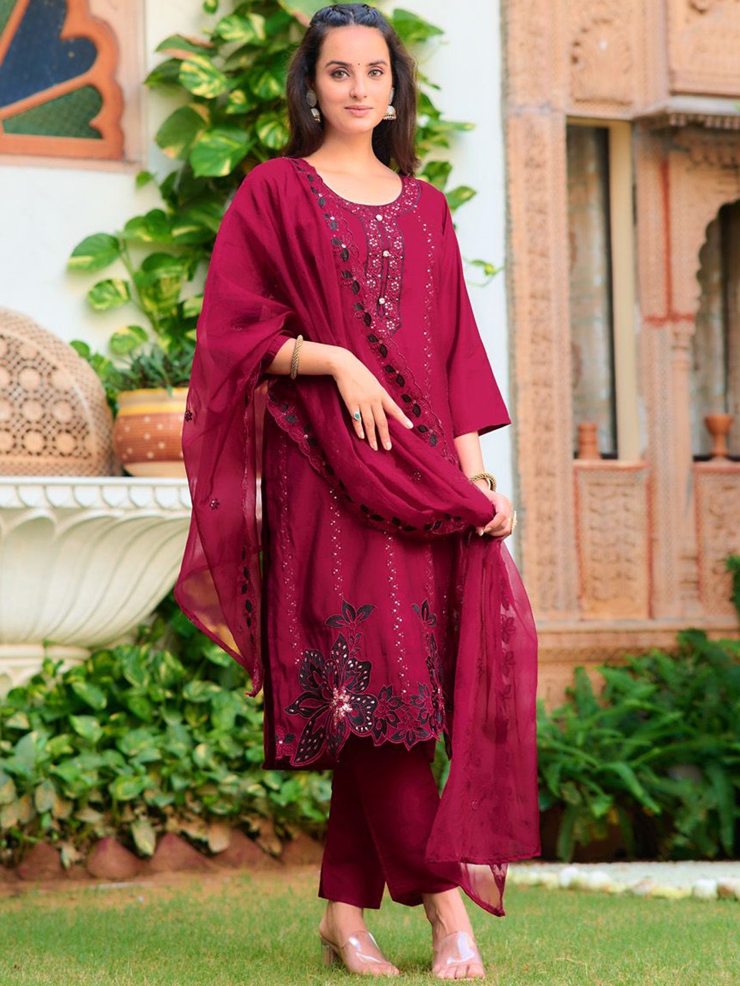 

Berrylicious Floral Embroidered Sequinned Chanderi Cotton Kurta With Trousers & Dupatta, Maroon