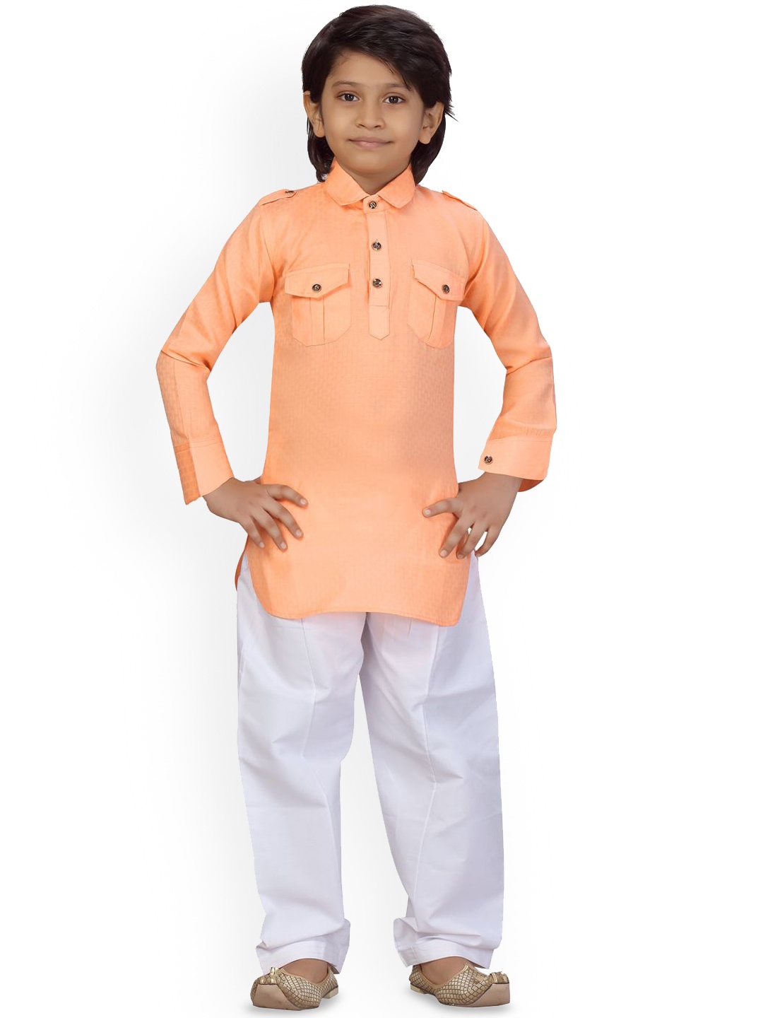 

BAESD Boys Shirt Collar Pure Cotton Pathani Kurta with Pyjamas, Orange