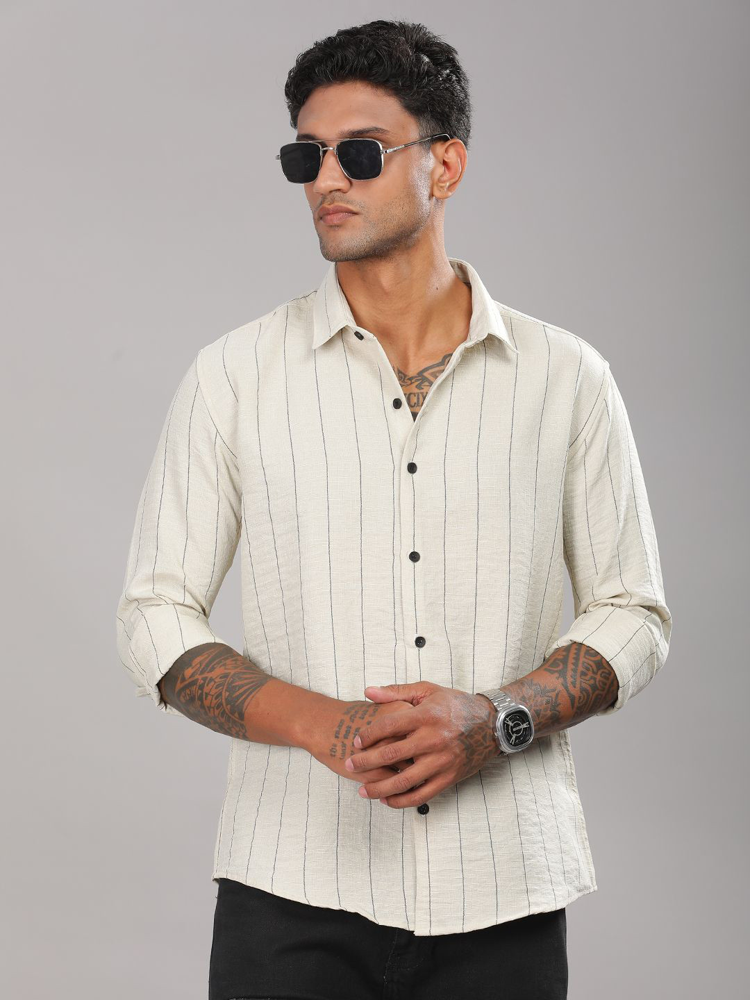 

PAUL STREET Men Standard Spread Collar Vertical Striped Slim Fit Casual Shirt, Off white