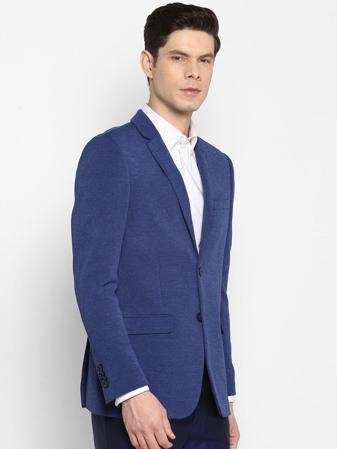 

Turtle Self Design Notched Lapel Knitted Dobby Weave Single-Breasted Casual Blazer, Blue