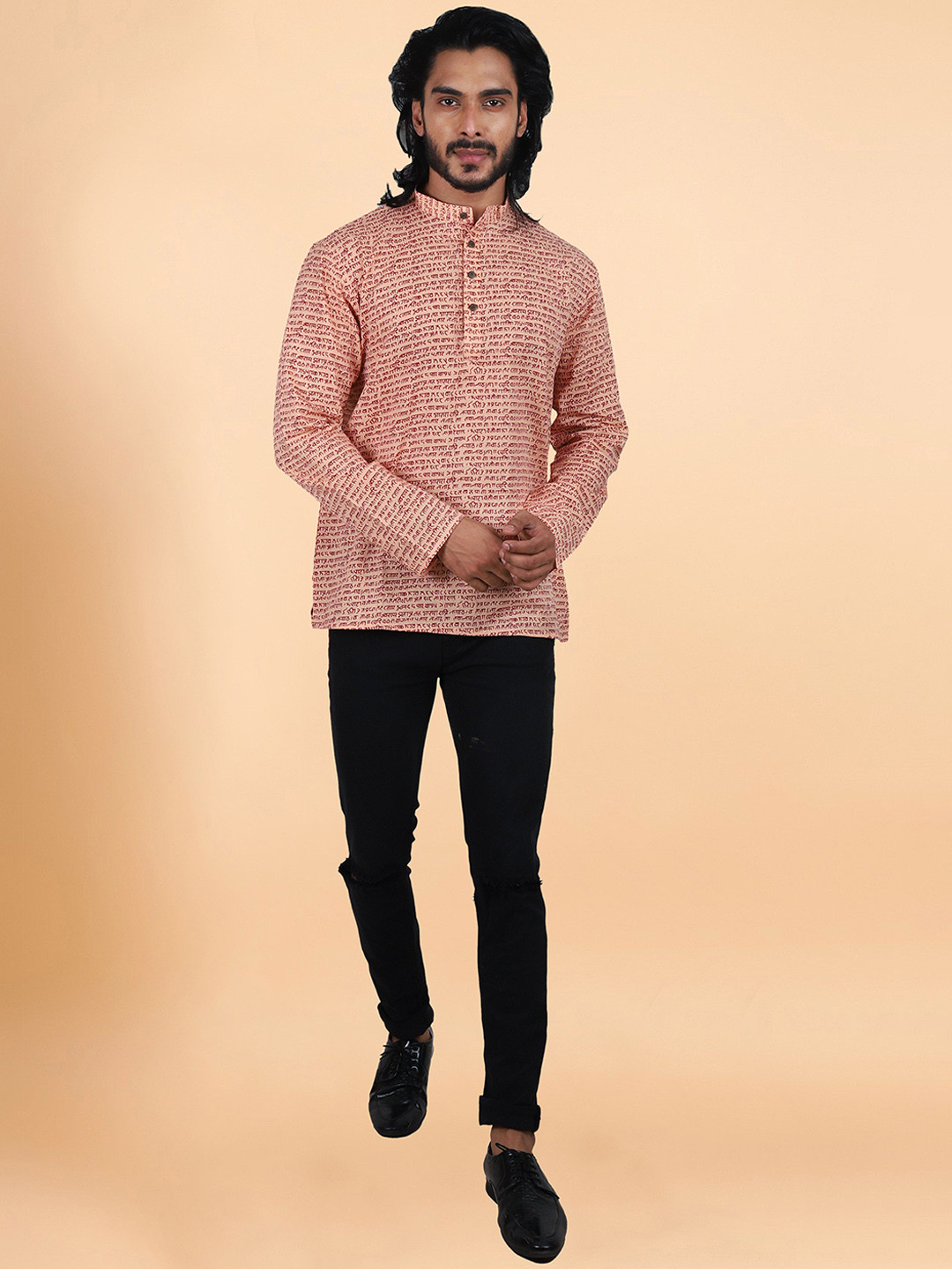 

ETHNIC FACTORY Typography Printed Mandarin Collar Cotton Straight Short Kurta, Peach