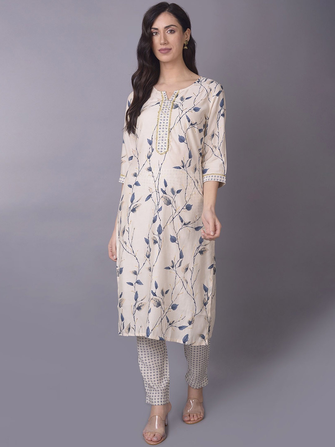 

Shree Floral Printed Gotta Patti Straight Kurta With Trousers & Dupatta, Off white
