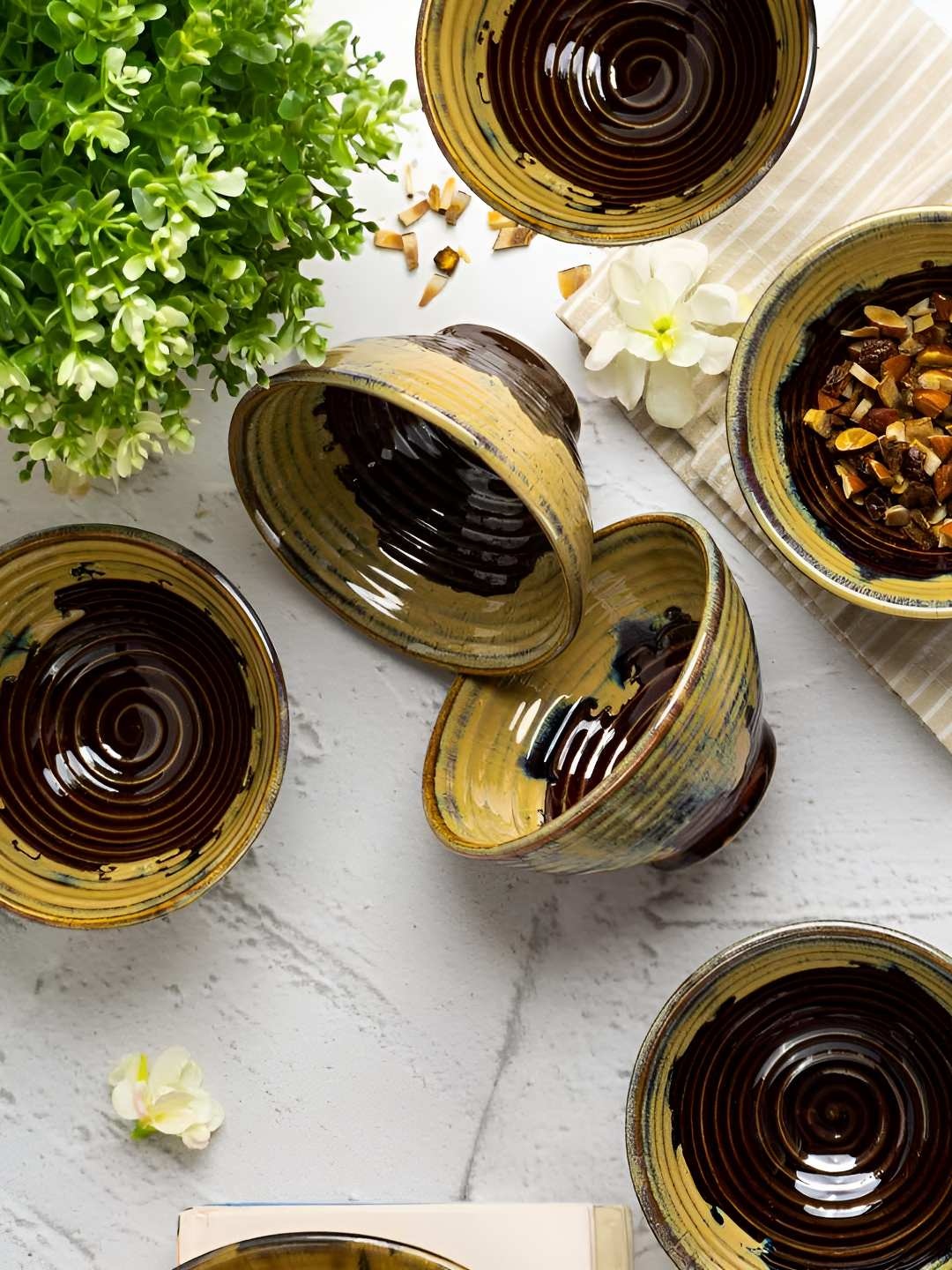 

AMALAFIEE CERAMICS Brown 6 Pieces Ceramic Microwave Safe Serving Bowls