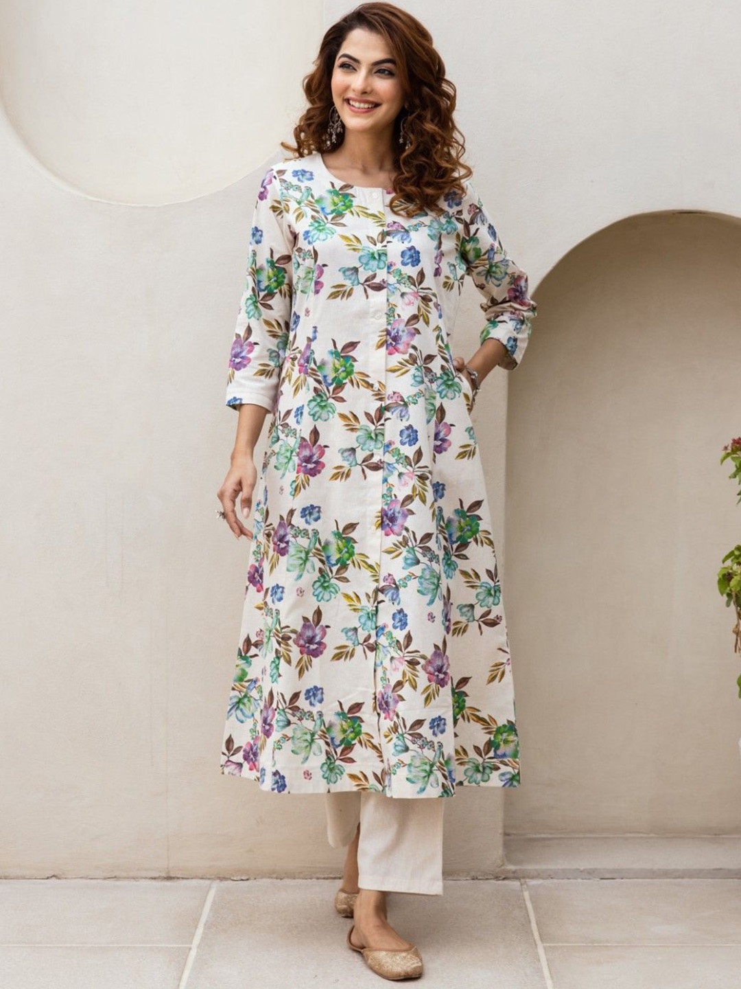 

AUTUMN LANE Floral Printed Regular Pure Cotton A-Line Kurta with Trousers, White