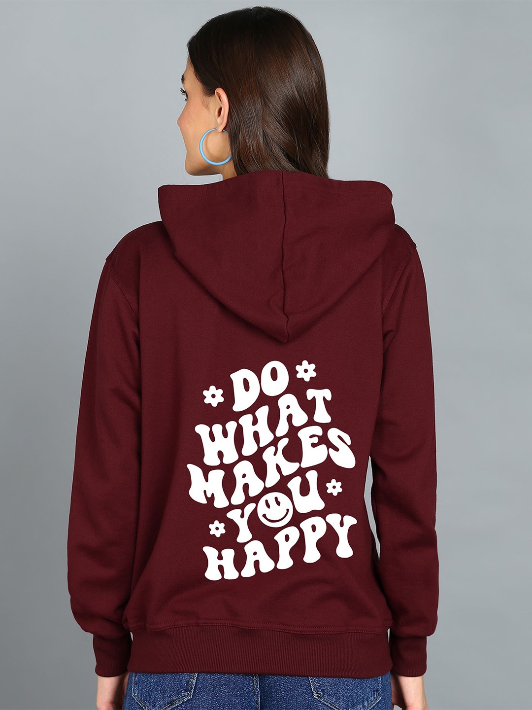 

FALTU.CO Women Printed Zip Detail Hooded Cotton Sweatshirt, Maroon