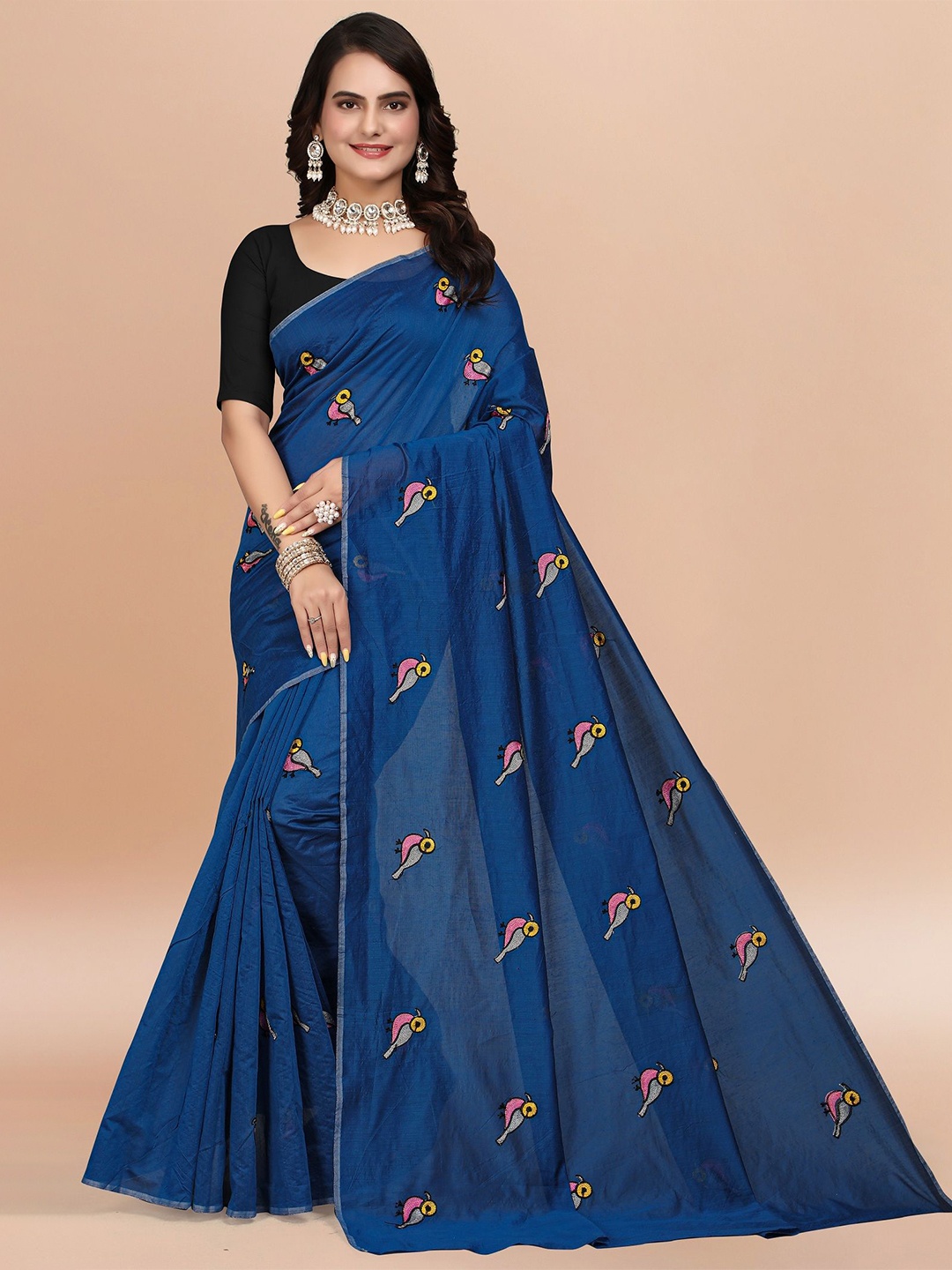 

APNISHA Embroidered Pure Cotton Chanderi Saree, Navy blue