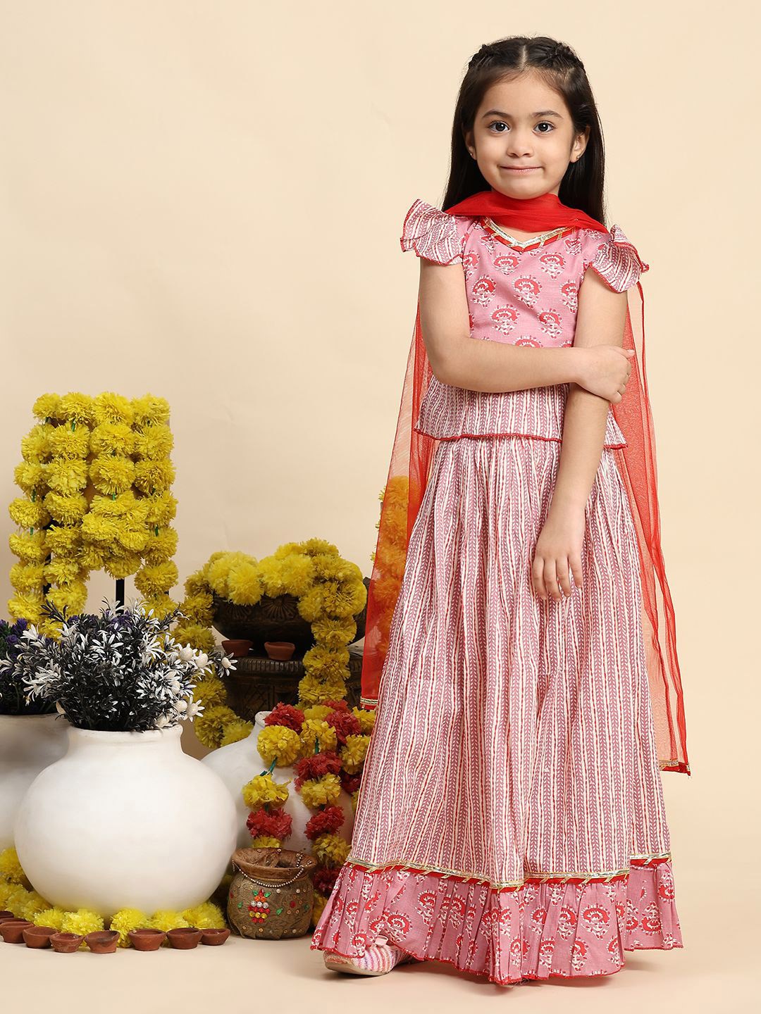 

Cutiekins Girls Printed Ready to Wear Lehenga & Blouse With Dupatta, Coral