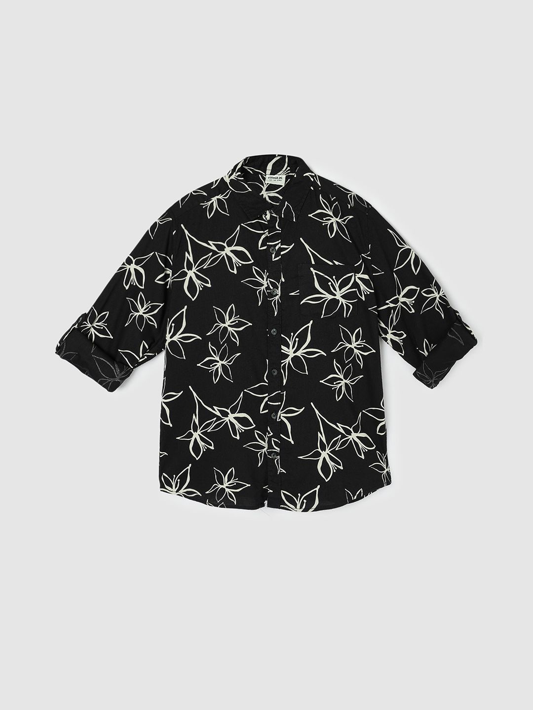 

max Boys Spread Collar Floral Printed Cotton Casual Shirt, Black