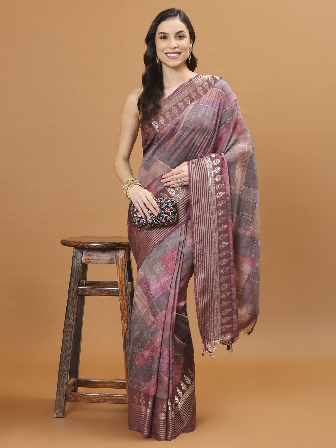 

Meena Bazaar Art Silk Multi Printed Handloom Saree, Purple