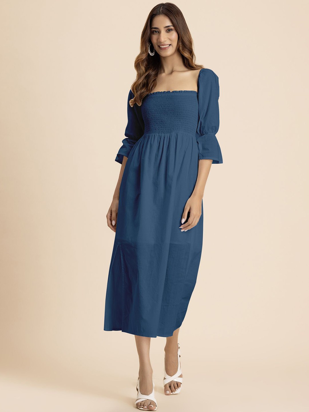 

Moomaya Women Solid Bell Sleeves Fit and Flare Midi Dress, Teal