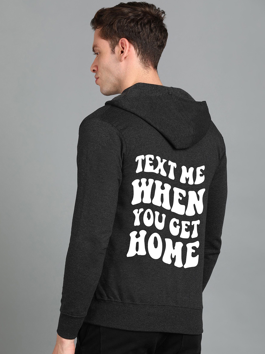 

FALTU.CO Men Typography Printed Hooded Ribbed Cotton Sweatshirt, Charcoal