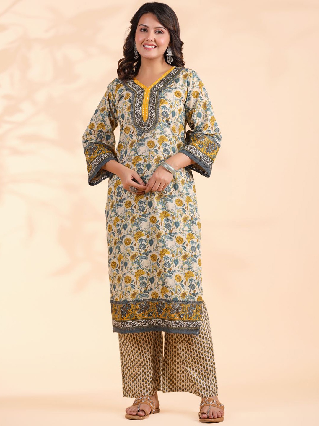 

Vbuyz Floral Printed Regular Pure Cotton Kurta With Palazzos & Dupatta, Yellow