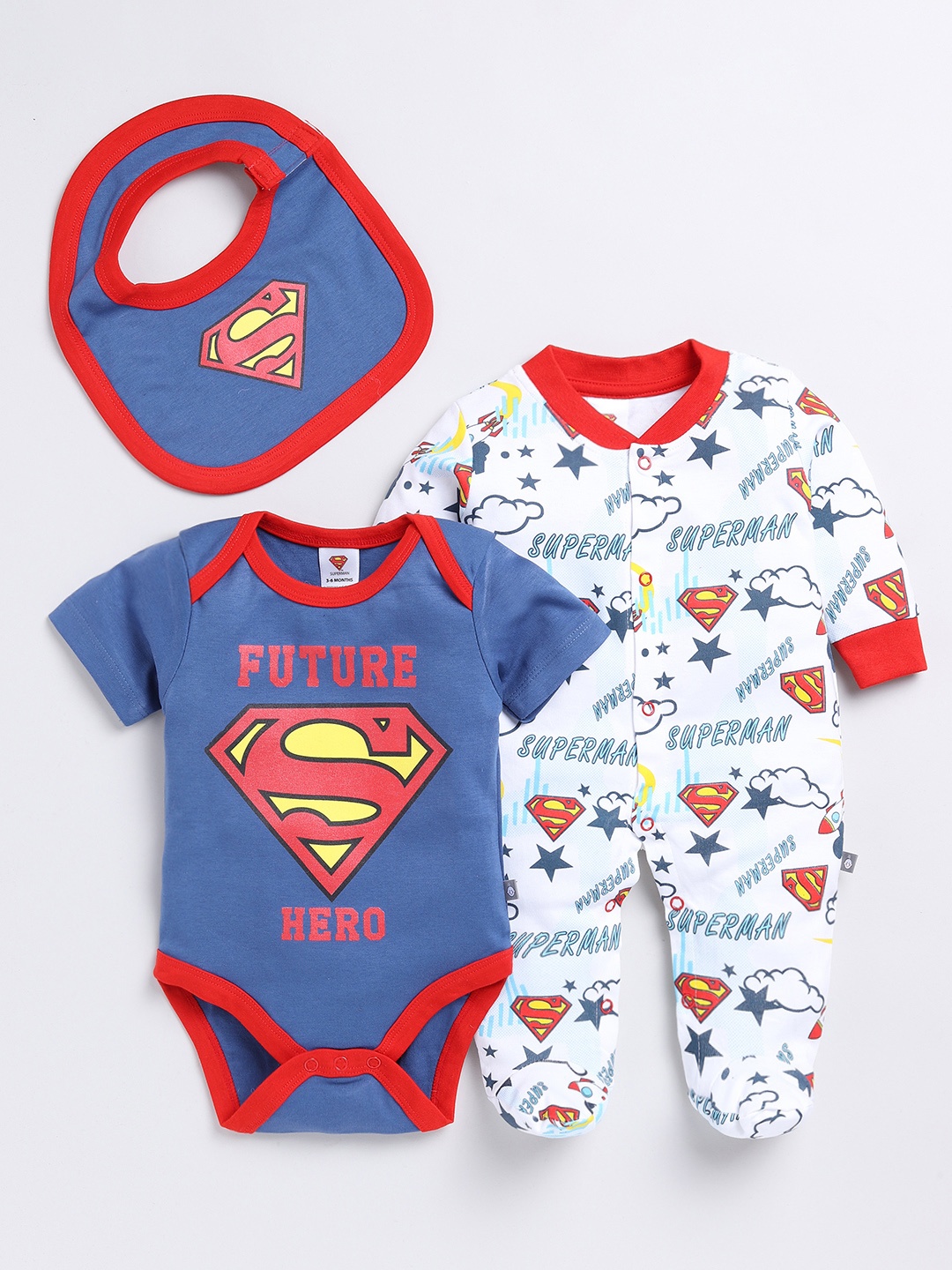 

YK X Tinyo Infant Boys Printed Pure Cotton Bodysuit with Superman Printed Sleepsuit, Navy blue