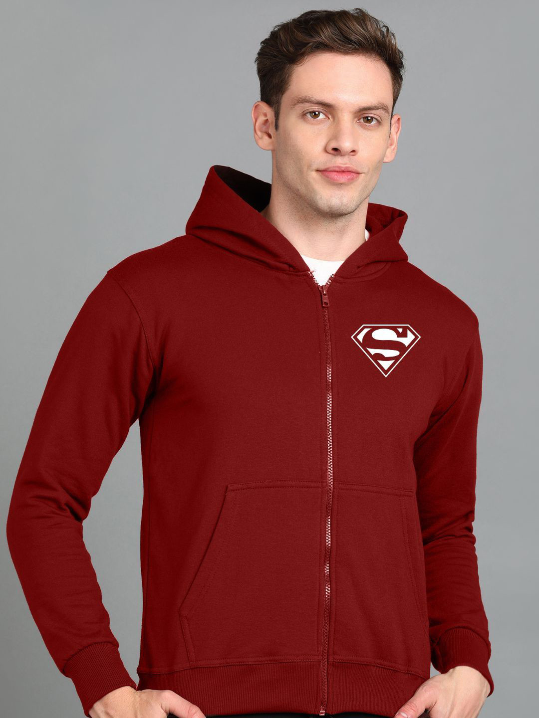 

FALTU.CO Men Printed Zip Detail Hooded Cotton Sweatshirt, Maroon