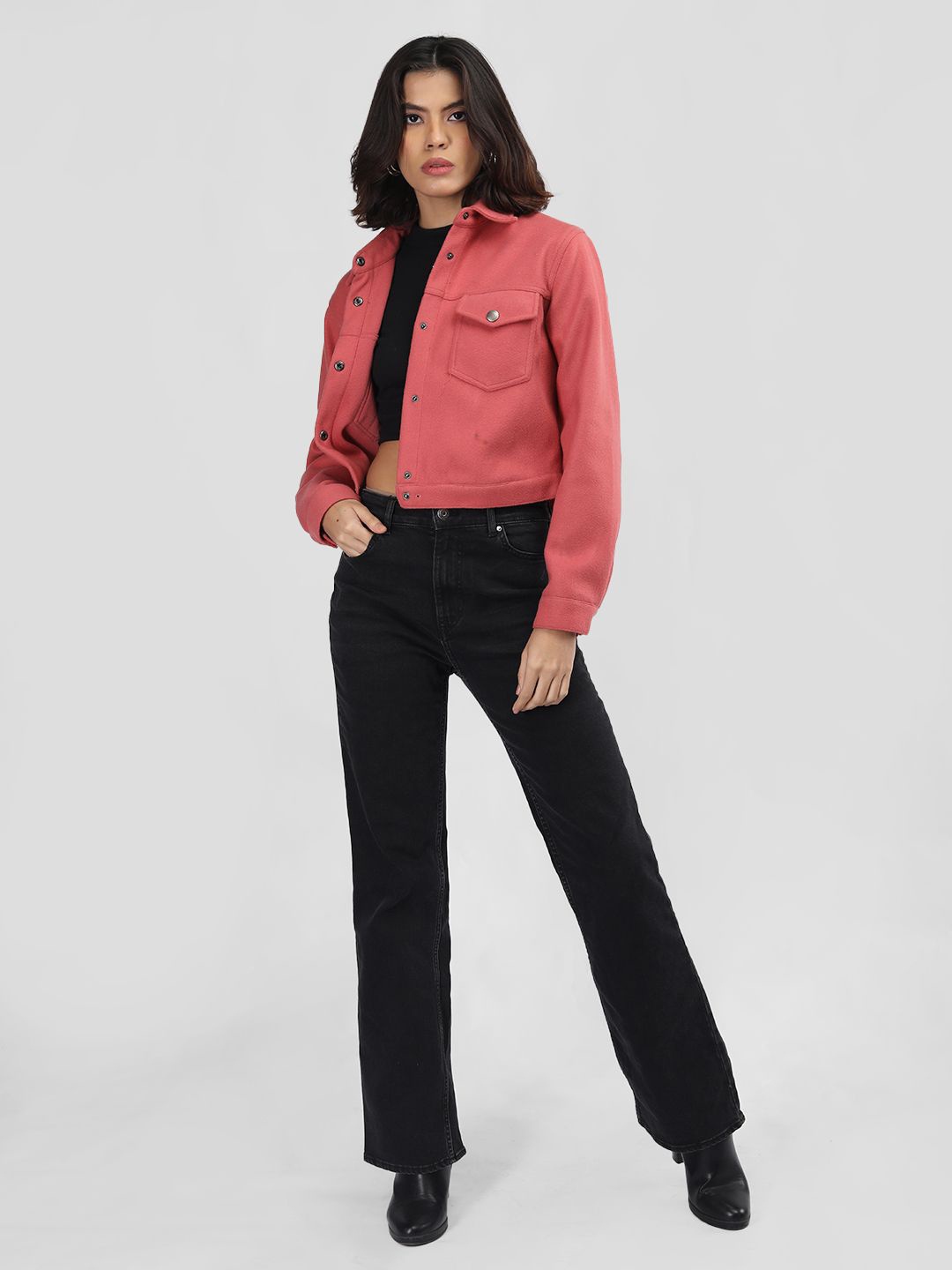 

CHKOKKO Women Solid Crop Tailored Jacket, Pink
