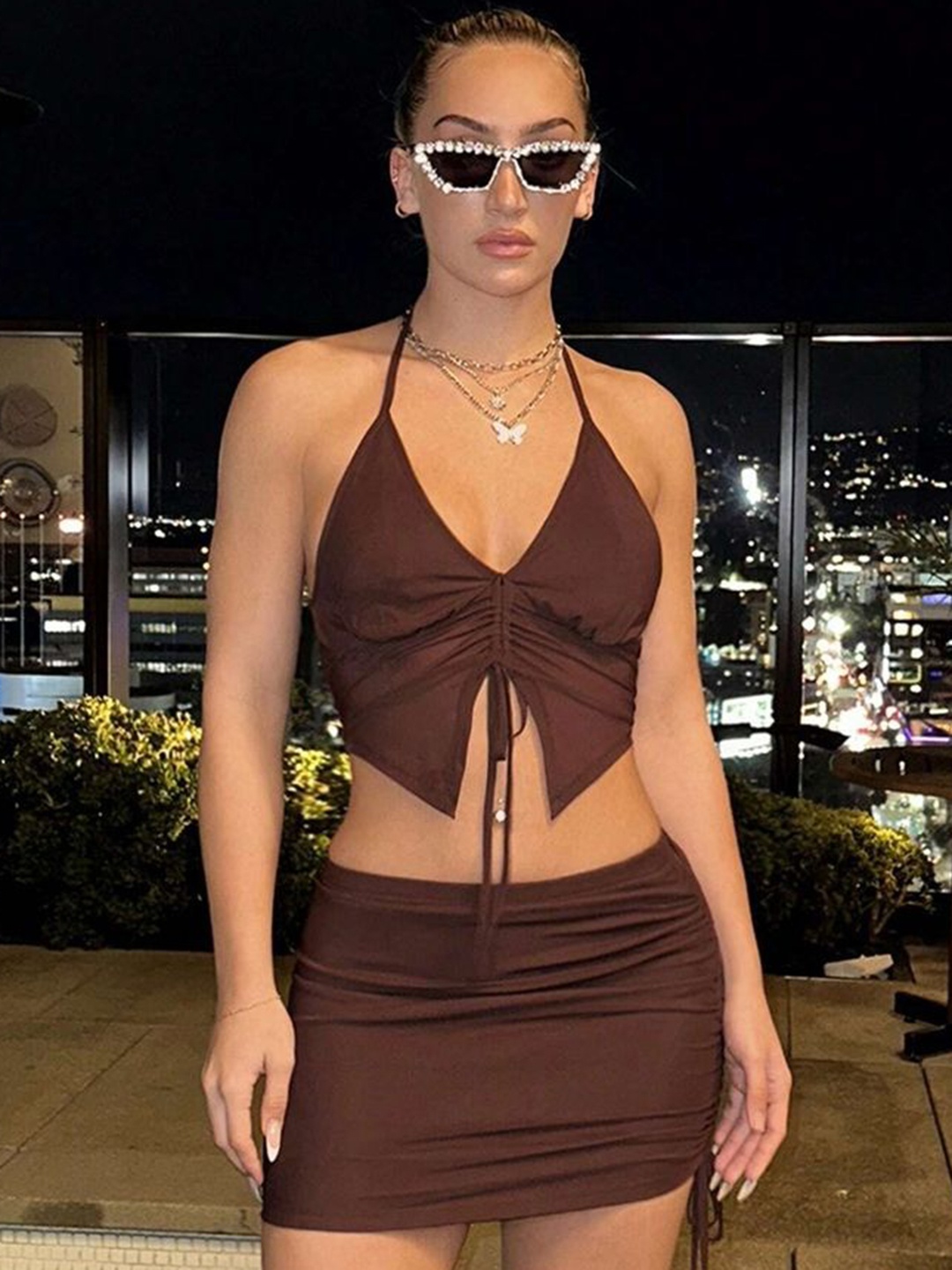 

LULU & SKY Halter Neck Crop Top With Mini Skirt, Brown