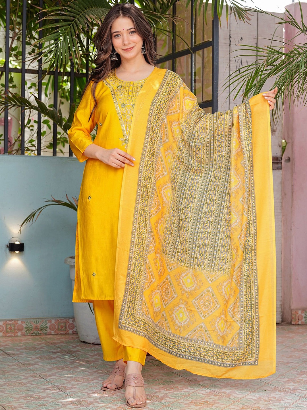 

MILAAV Floral Embroidered Sequinned Straight Kurta With Trousers & Dupatta, Yellow