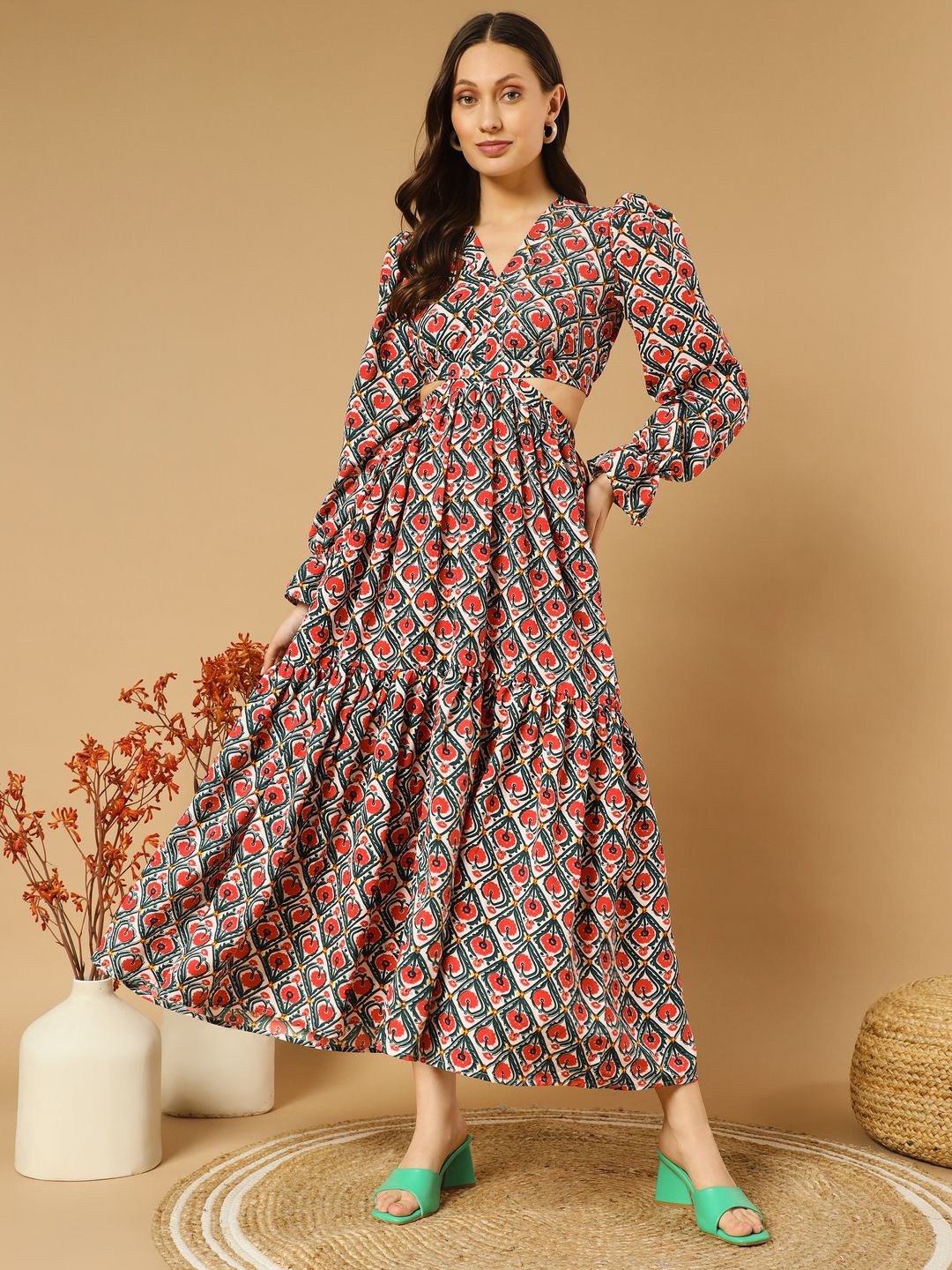 

OTABU Women Floral Print Ruffled A-Line Maxi Dress, Red
