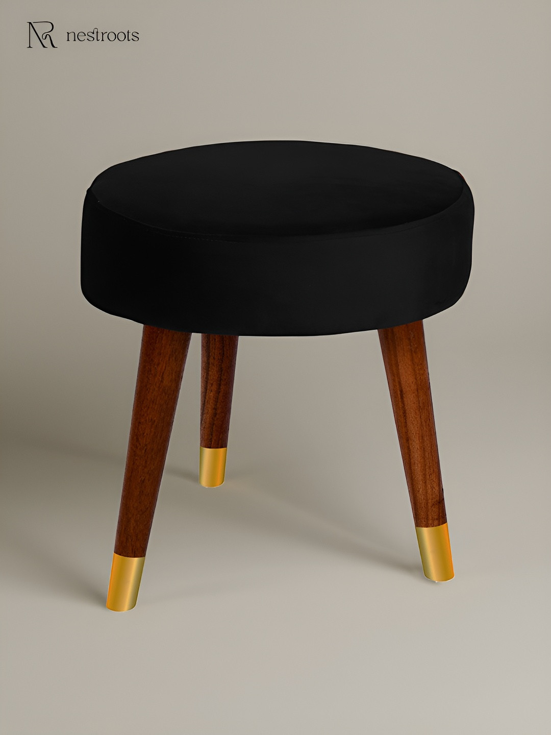

nestroots Black & Brown Round Shape Wooden Velvet Ottoman