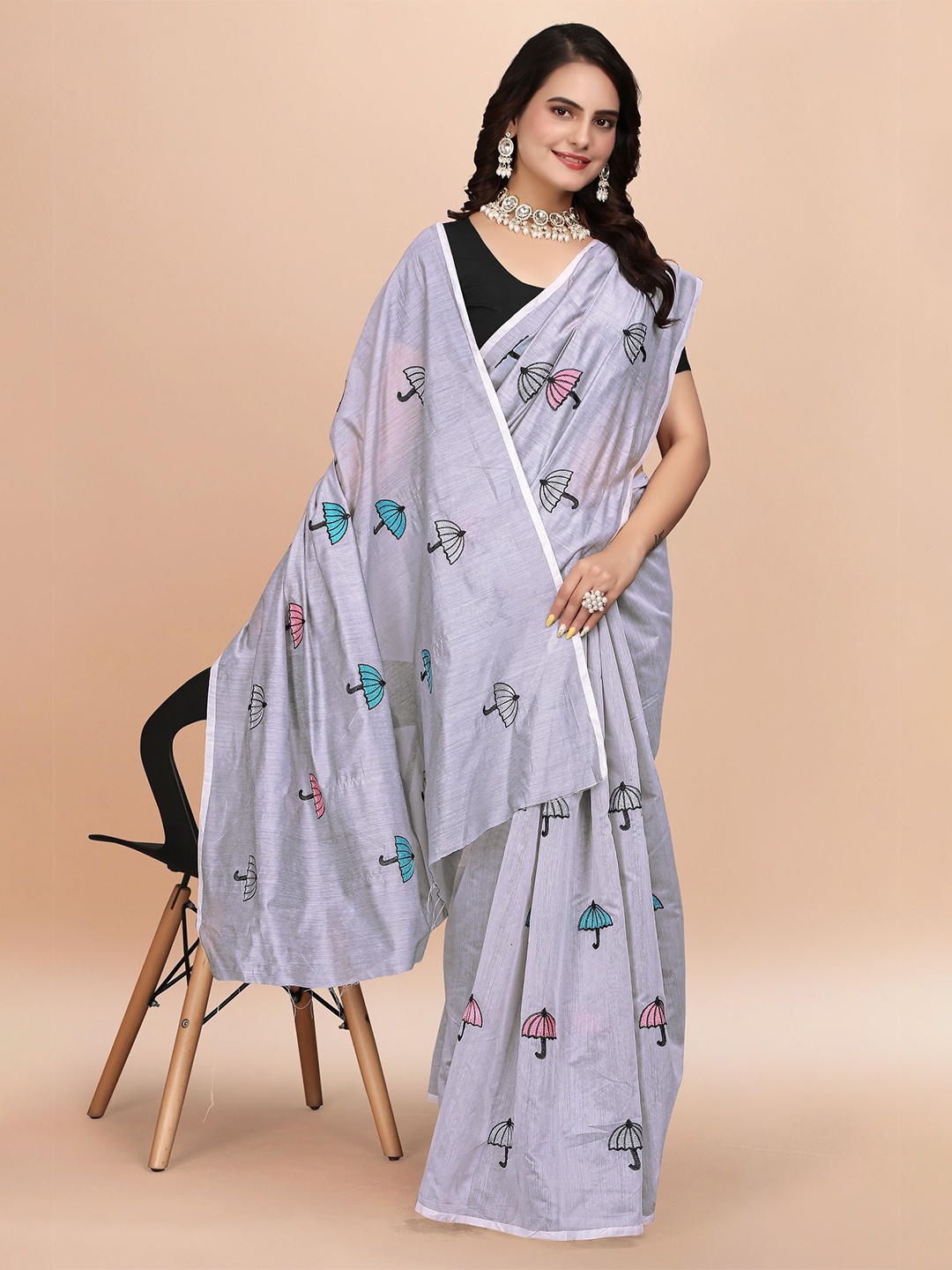 

LADY SHOPI Ethnic Motifs Pure Cotton Chanderi Saree, Grey