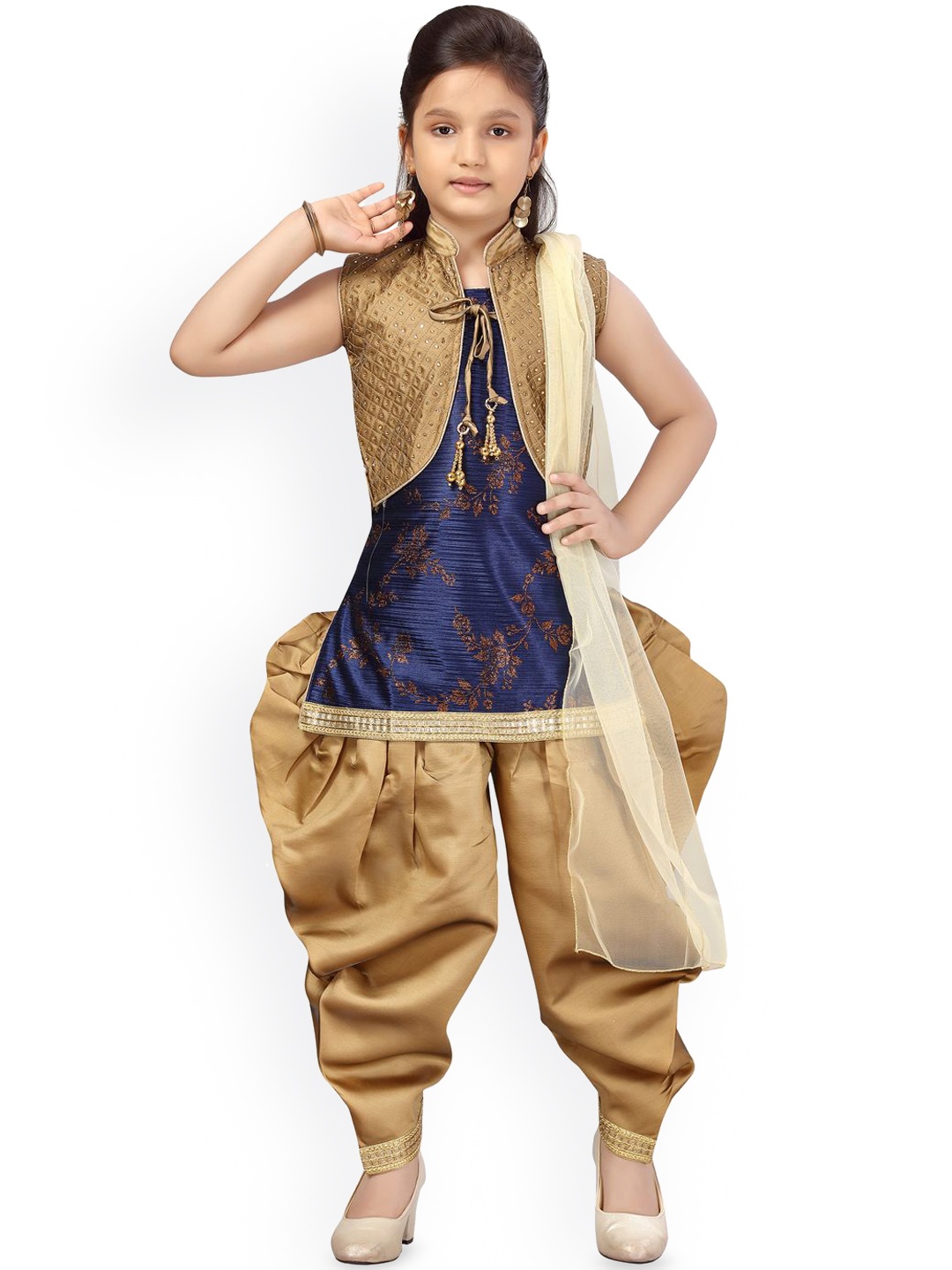 

BAESD Girls Floral Self Design A-Line Pure Silk Kurti with Dhoti Pants & Dupatta, Navy blue