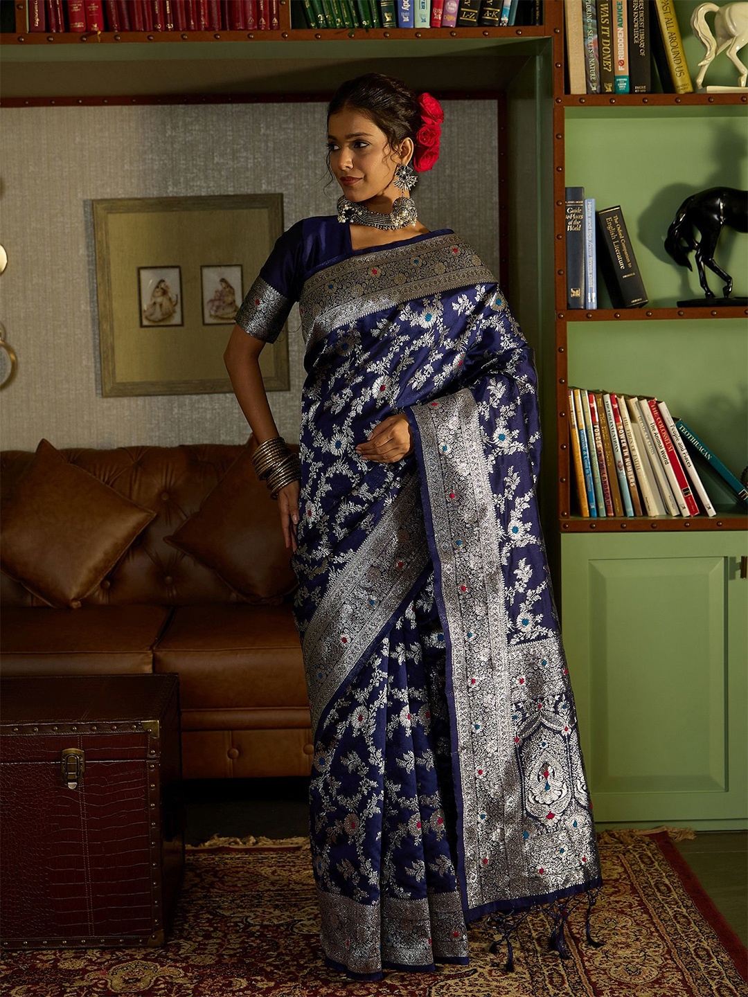 

Sangria Woven Design Banarasi Traditional Saree with Zari, Blue