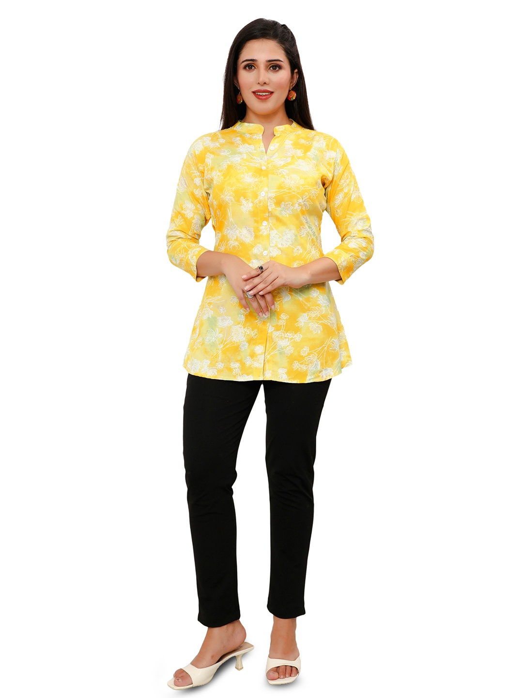 

Hy Fashion Mandarin Collar Printed Ethnic Tunic, Yellow