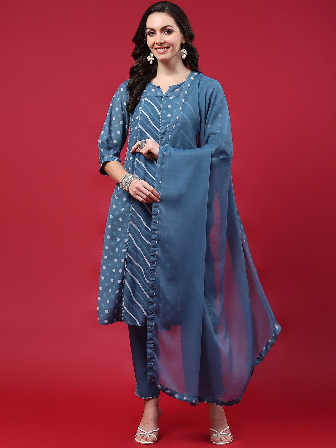 

Shree Printed Panelled A-Line Kurta with Trousers & With Dupatta, Blue