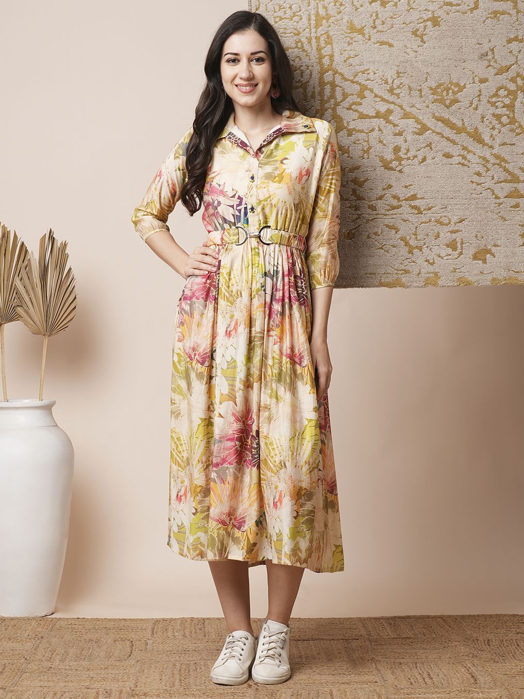 

FASHOR Womwn Printed Puff Sleeve A-Line Midi Dress, Yellow